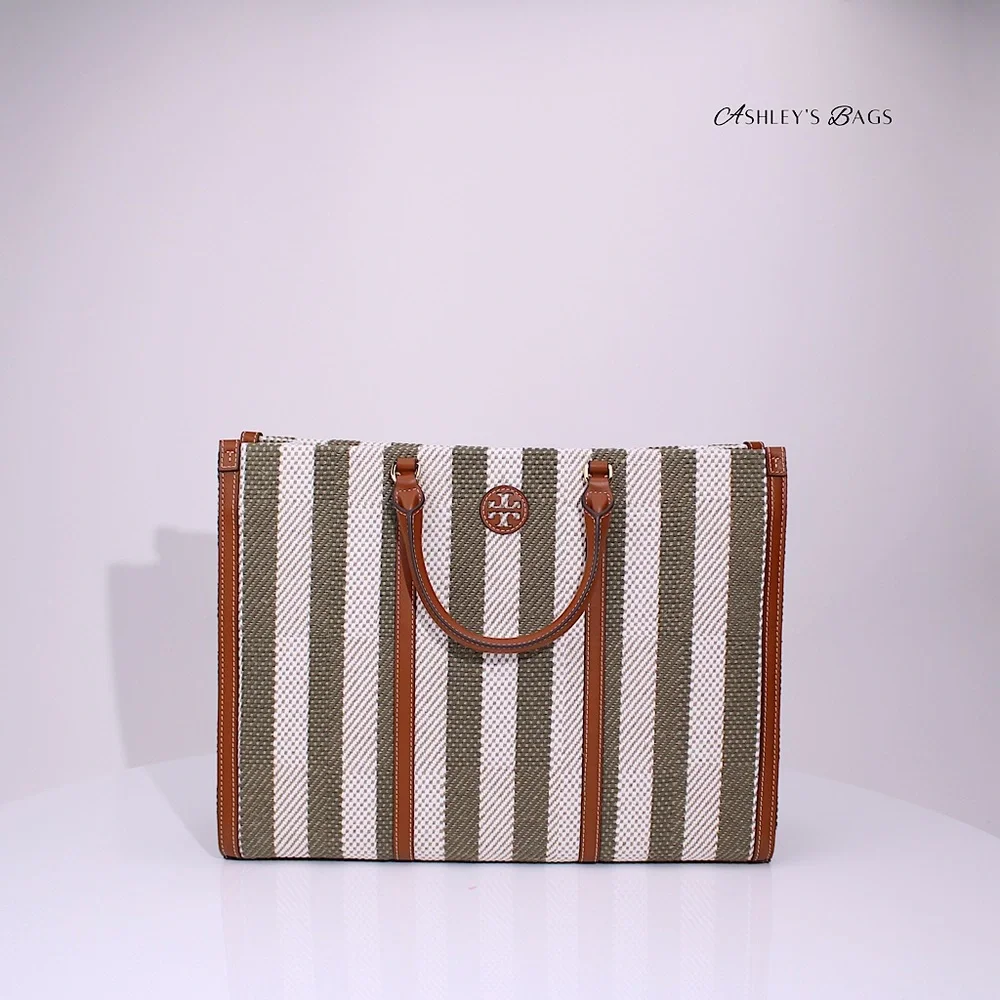 Tory Burch Blake Jumbo Striped Tote In Grove Green - Picture 5 of 8